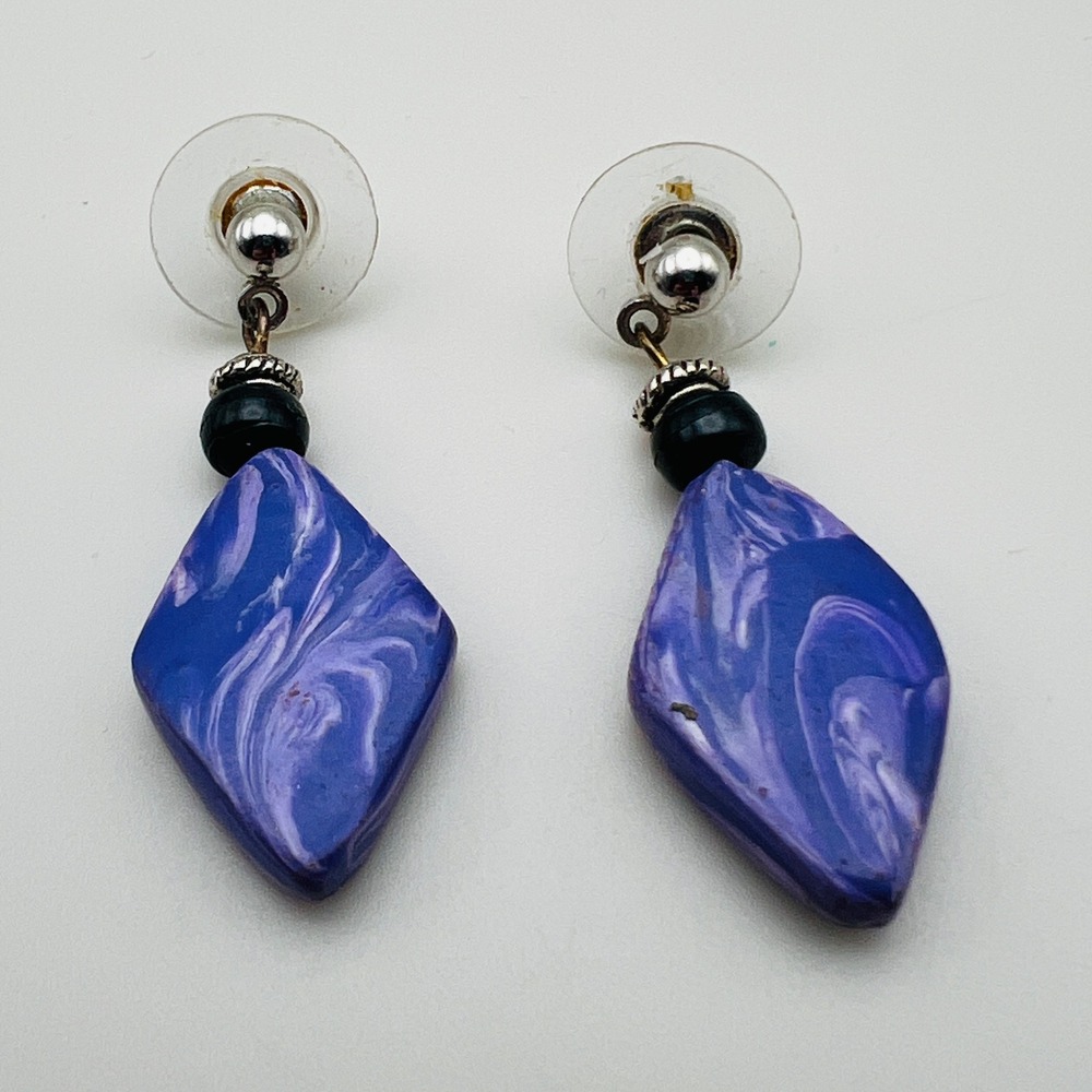 Vintage Purple Swirl Marbleized Earrings Pierced Diamond Drop Dangle Silver Tone